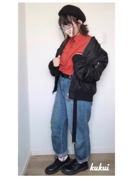 「SPINNS（スピンズ）の【UNISEX】メタルフレームカラーレンズサングラス（メガネ、ブルー系）」を使った、くくいさん（レディース・146cm）の春コーディネート