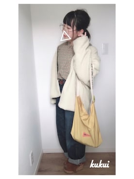 「earth music&ecology（アースミュージックアンドエコロジー）の・2wayボア&キルティングコート(ショート) ●（ブルゾン、ホワイト系）」を使った、くくいさん（レディース・146cm）の春コーディネート