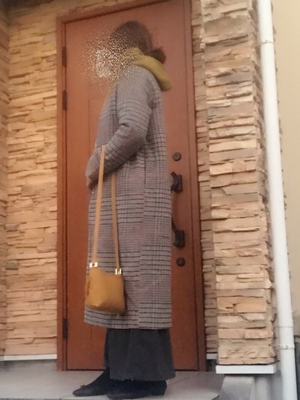 ブラウン系のダウンジャケット/コート、イエロー系のショルダーバッグ、グレー系のスカートを着用したレディースの冬コーディネートの1枚目の写真