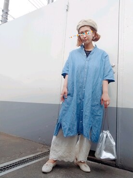 「デニムワンピース」｜「アイテム（ハンチング/ベレー帽）」を使った、まろﾝさん（レディース・156cm）の春コーディネート