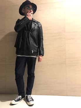 「tk.TAKEO KIKUCHI（ティーケータケオキクチ）のアイテム（ライダースジャケット）」を使った、tk.TAKEO KIKUCHI 博多阪急店 スタッフさん（メンズ・175cm）の秋コーディネート
