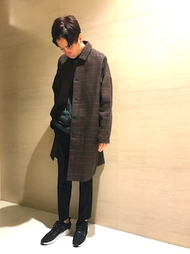 「tk.TAKEO KIKUCHI」｜「アイテム（ステンカラーコート）」を使った、tk.TAKEO KIKUCHI 博多阪急店 スタッフさん（メンズ・181cm）の秋コーディネート