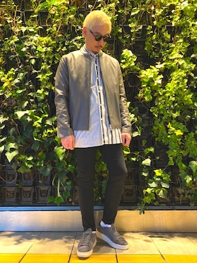 「tk.TAKEO KIKUCHI」｜「アイテム（ライダースジャケット）」を使った、tk.TAKEO KIKUCHI 博多阪急店 スタッフさん（メンズ・175cm）の秋コーディネート