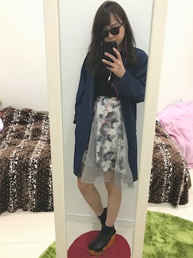 「dazzlin（ダズリン）のﾃﾞﾆﾑﾛﾝｸﾞｼﾞｬｹｯﾄ（デニムジャケット、ブルー系）」を使った、yoooopiさん（レディース・159cm）の春コーディネート