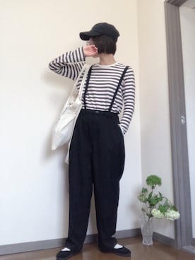 「ボーダートップス」｜「アイテム（PC・スマホグッズ/家電）」を使った、ふとまきさん（レディース・155cm）の夏コーディネート