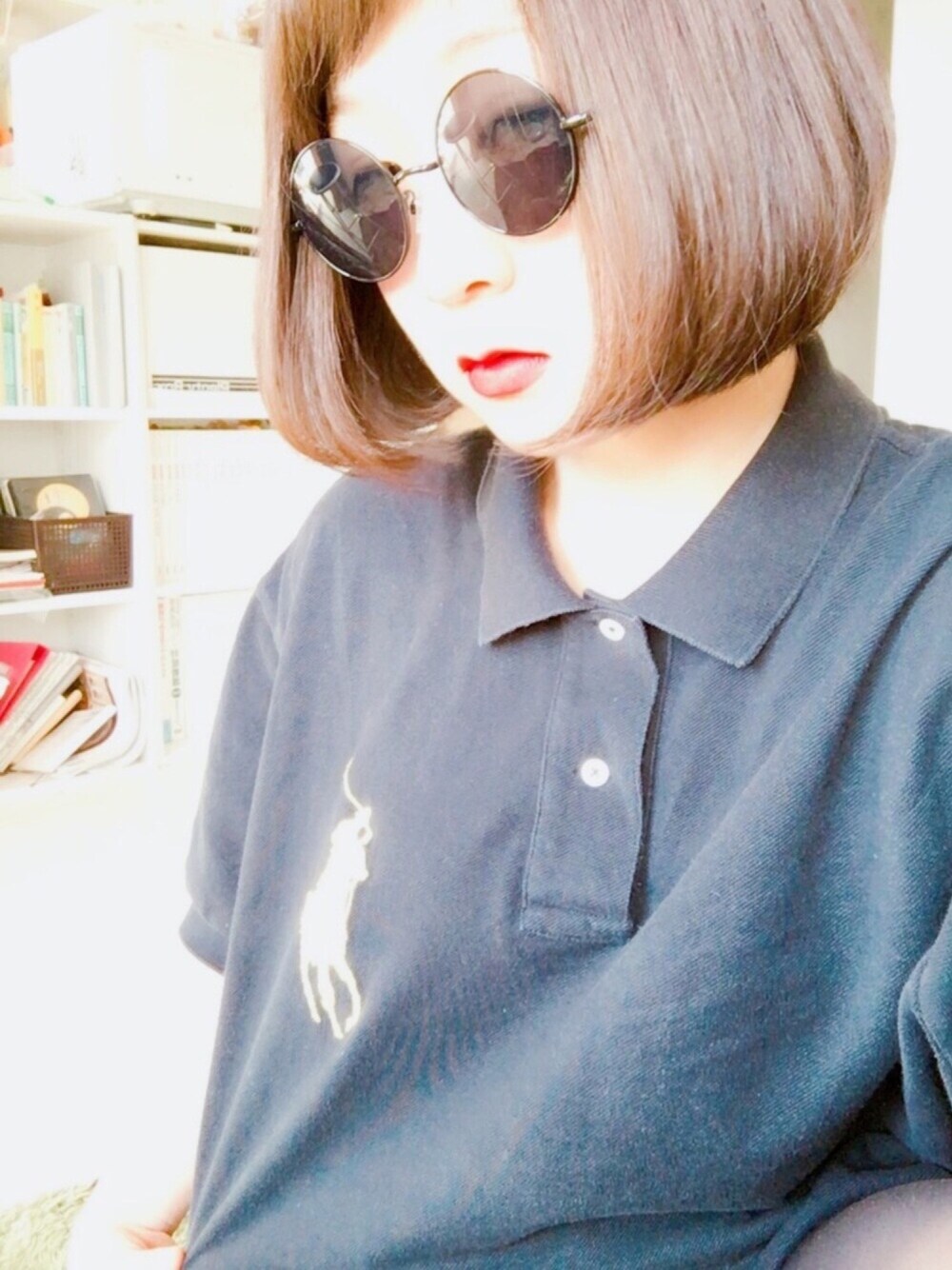 「全身黒、Polo Ralph Lauren、メンズシャツ、オーバーサイズ、ポロシャツ、サングラス、マチルダ、オールブラック、古着、used」｜「POLO RALPH LAURENのアイテム（ポロシャツ、ブラック系）」を使った、m o e m iさん（レディース・154cm）の夏コーディネートの1枚目の写真
