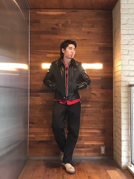 「ルード」｜「アイテム（ライダースジャケット）」を使った、YUTOさん（メンズ・172cm）の冬コーディネート
