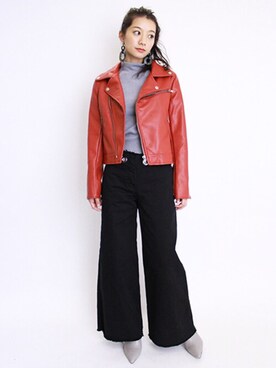 ライダースジャケットを使った 赤レザー のレディース人気ファッションコーディネート Wear