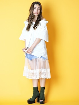 「アイテム（ブーティ、グリーン系）」を使った、BARAKさん（レディース・165cm）の夏コーディネート