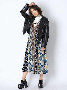 「厚底」｜「アイテム（ライダースジャケット）」を使った、BARAKさん（レディース・165cm）の秋コーディネート