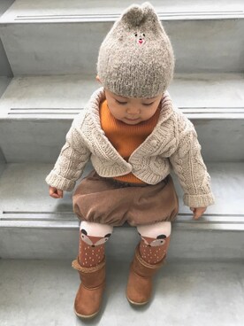 「動物モチーフ」｜「アイテム（ニットキャップ/ビーニー）」を使った、hfさん（キッズ・80cm）の冬コーディネート