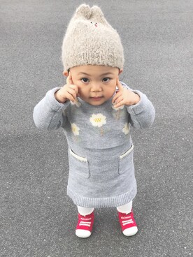 「動物モチーフ」｜「アイテム（ニットキャップ/ビーニー）」を使った、hfさん（キッズ・80cm）の冬コーディネート