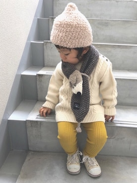 「動物モチーフ」｜「アイテム（ニットキャップ/ビーニー）」を使った、hfさん（キッズ・90cm）の冬コーディネート