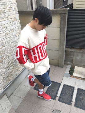 「no brand（ノーブランド）のアイテム（ニット/セーター、ホワイト系）」を使った、次郎丸 浩之さん（メンズ・169cm）の冬コーディネート