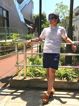 「膝上ショーツ」｜「アイテム（帽子）」を使った、タケウチ☆ボンバイエさん（メンズ・173cm）の夏コーディネート