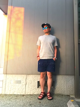 「膝上ショーツ」｜「アイテム（帽子）」を使った、タケウチ☆ボンバイエさん（メンズ・173cm）の夏コーディネート