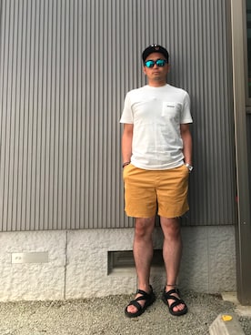 「膝上ショーツ」｜「アイテム（帽子）」を使った、タケウチ☆ボンバイエさん（メンズ・173cm）の夏コーディネート