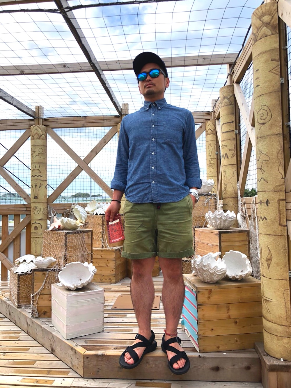 「夏コーデ、キャップ、グラミチ、ショートパンツ、膝上ショーツ、シャンブレーシャツ、シャツスタイル、スポーツサンダル、オトナカジュアル、シーパラダイス八景島」｜「rehacerの【直営限定】Flower Twinkle Mesh Cap on OTTO CAP（キャップ、ブルー系）」を使った、タケウチ☆ボンバイエさん（メンズ・173cm）の夏コーディネートの1枚目の写真