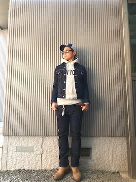 「花見」｜「アイテム（デニムジャケット）」を使った、タケウチ☆ボンバイエさん（メンズ・173cm）の春コーディネート