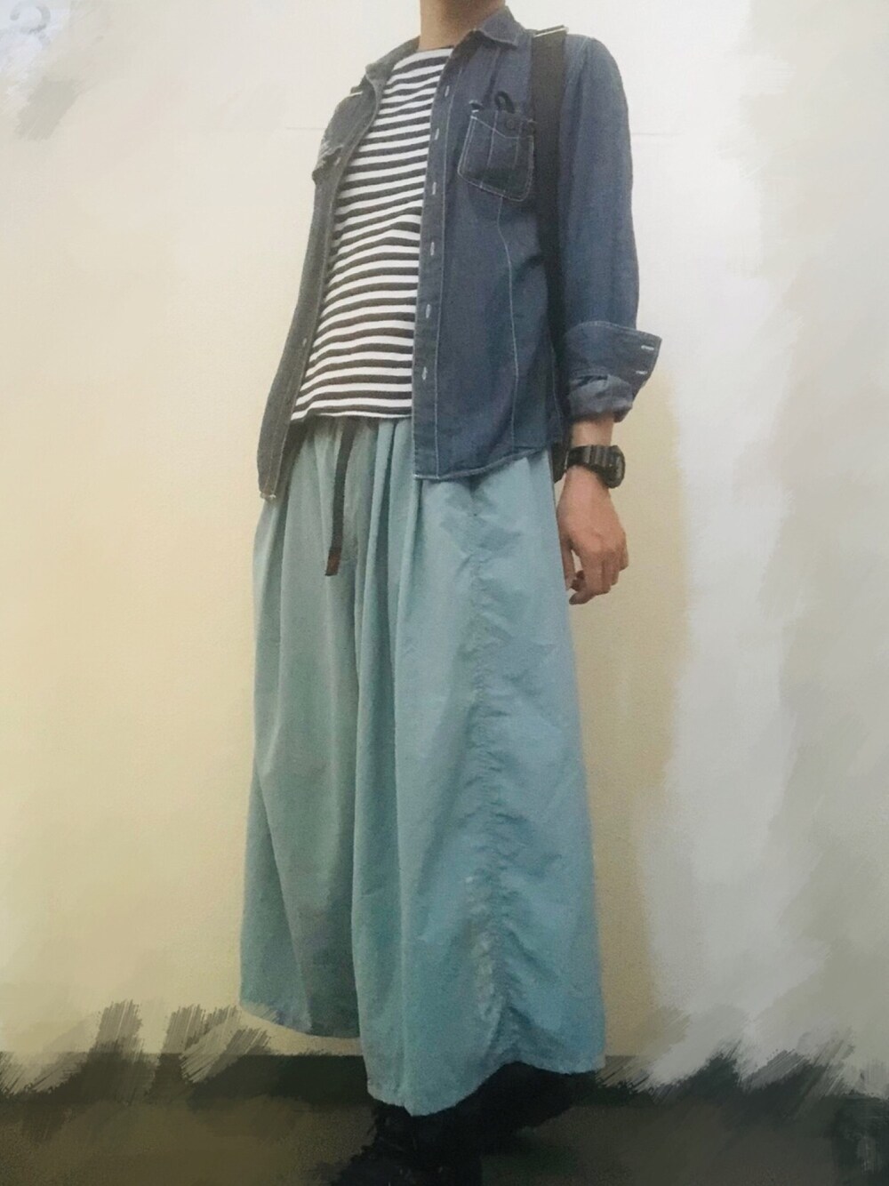 「カジュアルコーデ、ゆるコーデ、ブーツ、フェミニン、ボーダー」｜「GramicciのMILKFED. x GRAMICCI WIDE PANTS（その他パンツ、ブルー系）」を使った、minoさん（メンズ・178cm）の夏コーディネートの1枚目の写真