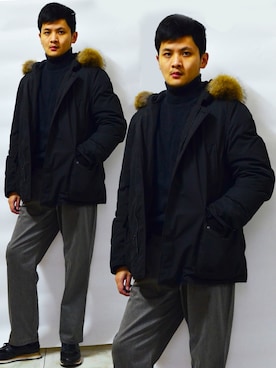 「休闲」｜「アイテム（ダウンジャケット/コート）」を使った、黄桃李子さん（メンズ・180cm）の冬コーディネート