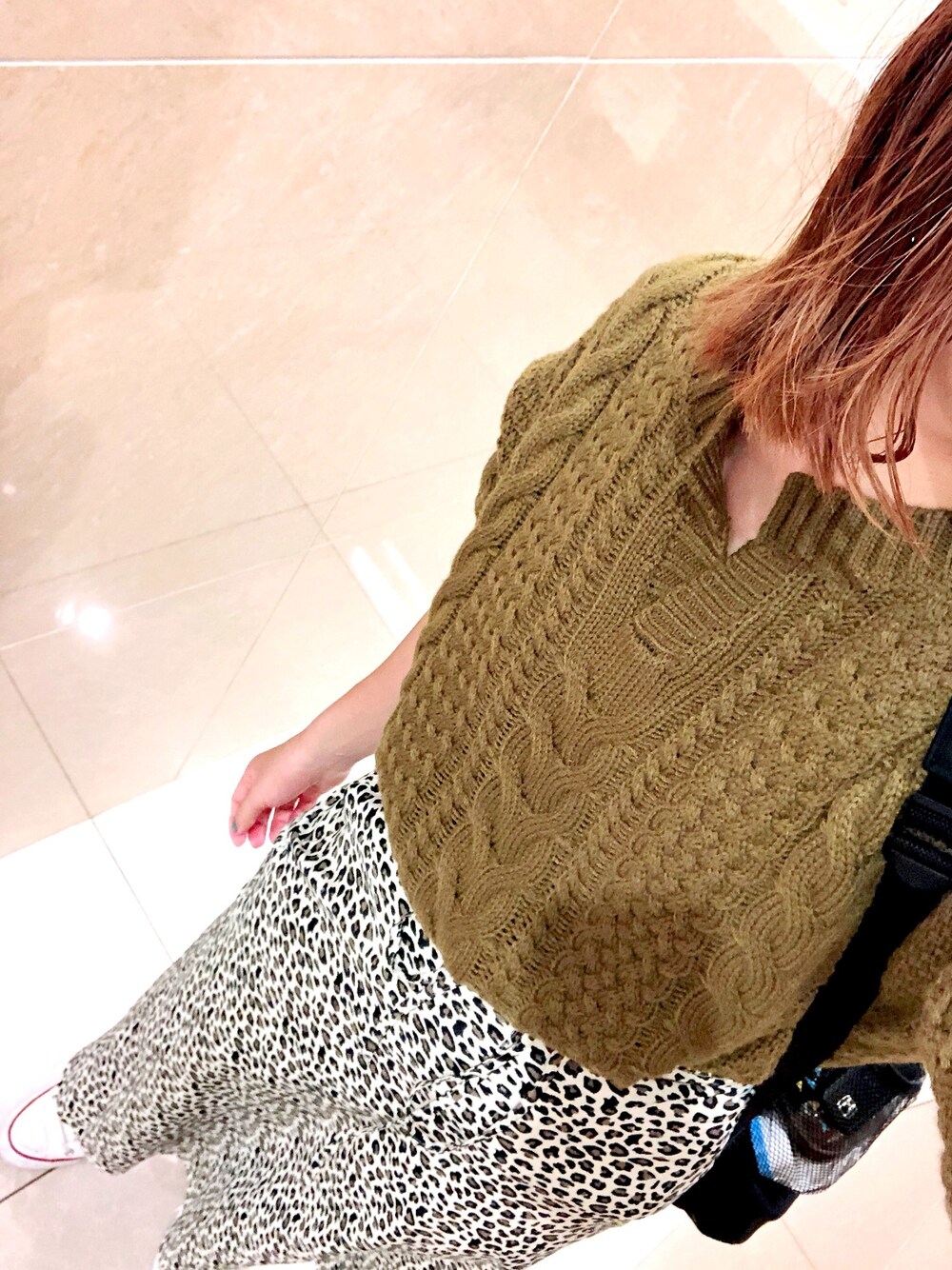 「SPINNSのキーネックケーブルニット（ニット/セーター、グリーン系）」を使った、nico☺︎さん（レディース・158cm）の秋コーディネートの1枚目の写真