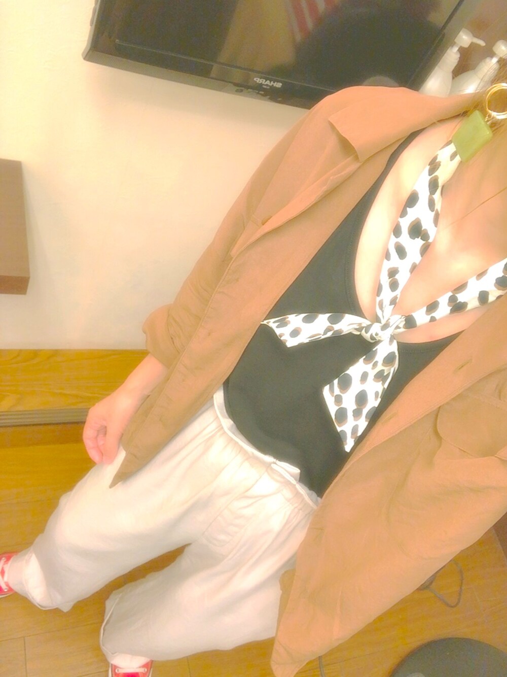 「古着のアイテム（シャツ/ブラウス、ブラウン系）」を使った、nico☺︎さん（レディース・158cm）の夏コーディネートの1枚目の写真