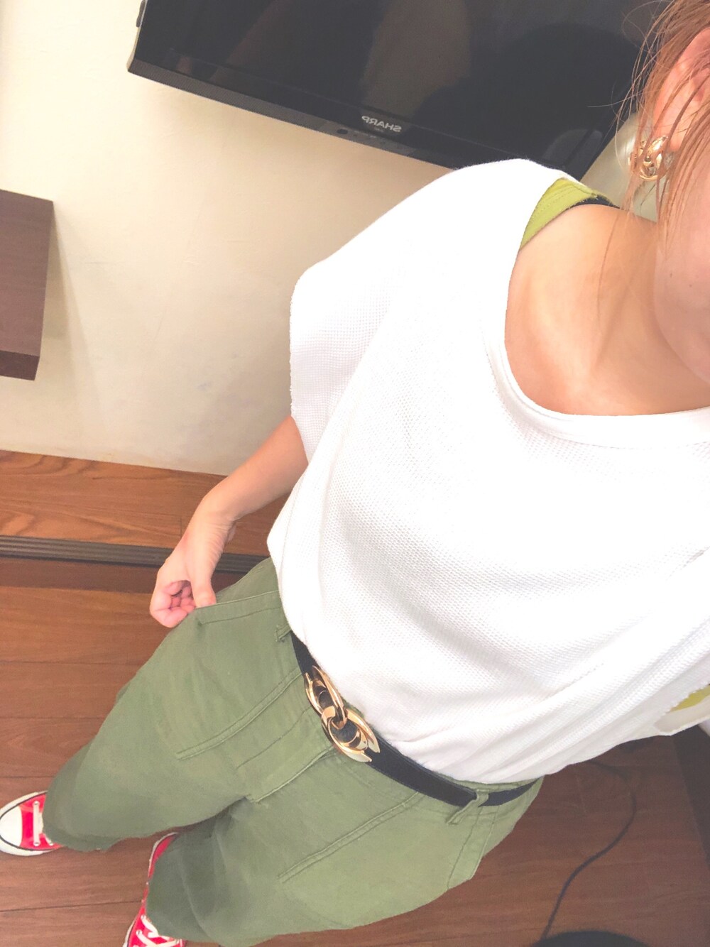 「LOWRYS FARMのワッフルヘンリーＦＳ　832505（Tシャツ/カットソー、ホワイト系）」を使った、nico☺︎さん（レディース・158cm）の夏コーディネートの1枚目の写真
