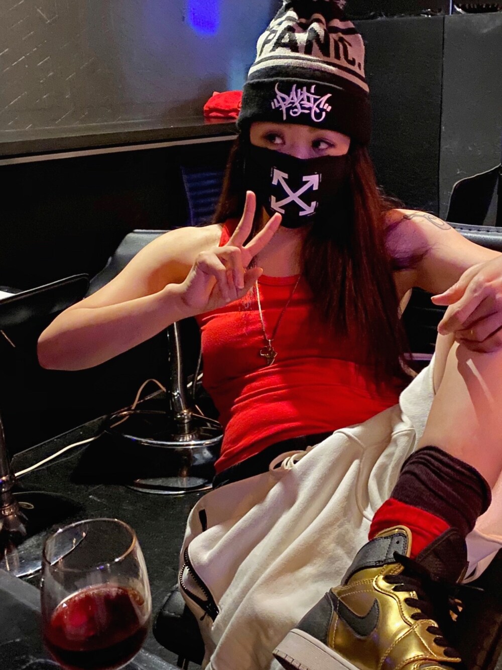 「マスク、MASK、Virgilabloh、off white」｜「panic39のアイテム（ニットキャップ/ビーニー、ブラック系）」を使った、WODDYFUNKさん（レディース・155cm）の夏コーディネートの1枚目の写真