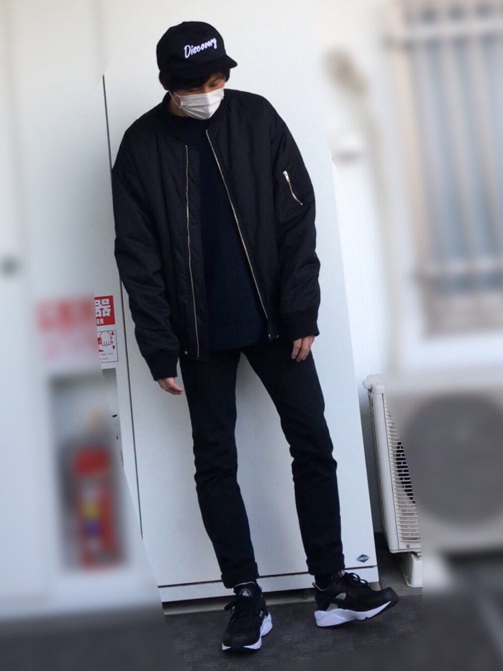 「2017KFWS、ビッグシルエット、キャップ、MA-1、ニット、スキニー、ハラチ、ハラちゃん」｜「GLOBAL WORKのベースボールキャップ/708272（キャップ、ブラック系）」を使った、ヤム名人さん（メンズ・182cm）の冬コーディネートの1枚目の写真