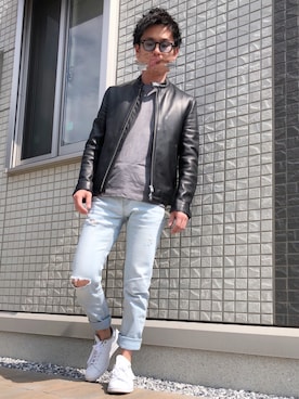 「ロールアップ」｜「アイテム（ライダースジャケット）」を使った、ゆっこさん（メンズ・163cm）の春コーディネート