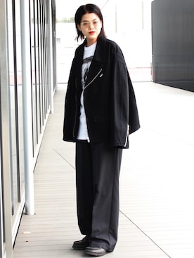 「clarks」｜「アイテム（ライダースジャケット）」を使った、WAKAさん（レディース・170cm）の春コーディネート