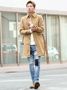 「improves（インプローブス）のアイテム（ステンカラーコート）」を使った、こじたくさん（メンズ・185cm）の冬コーディネート