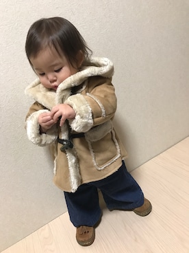 「petit main（プティマイン）のアイテム（ダッフルコート）」を使った、otohaさん（キッズ・80cm）の冬コーディネート