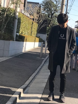 「FRED PERRY」｜「アイテム（チェスターコート）」を使った、Attackさん（メンズ・168cm）の春コーディネート