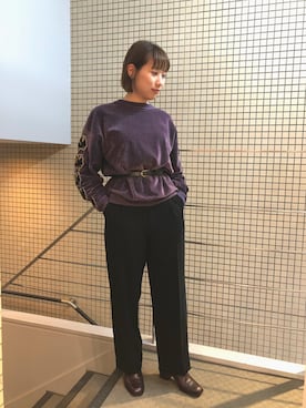 「アイテム（ブーツ、パープル系）」を使った、T.yukikoさん（レディース・157cm）の秋コーディネート