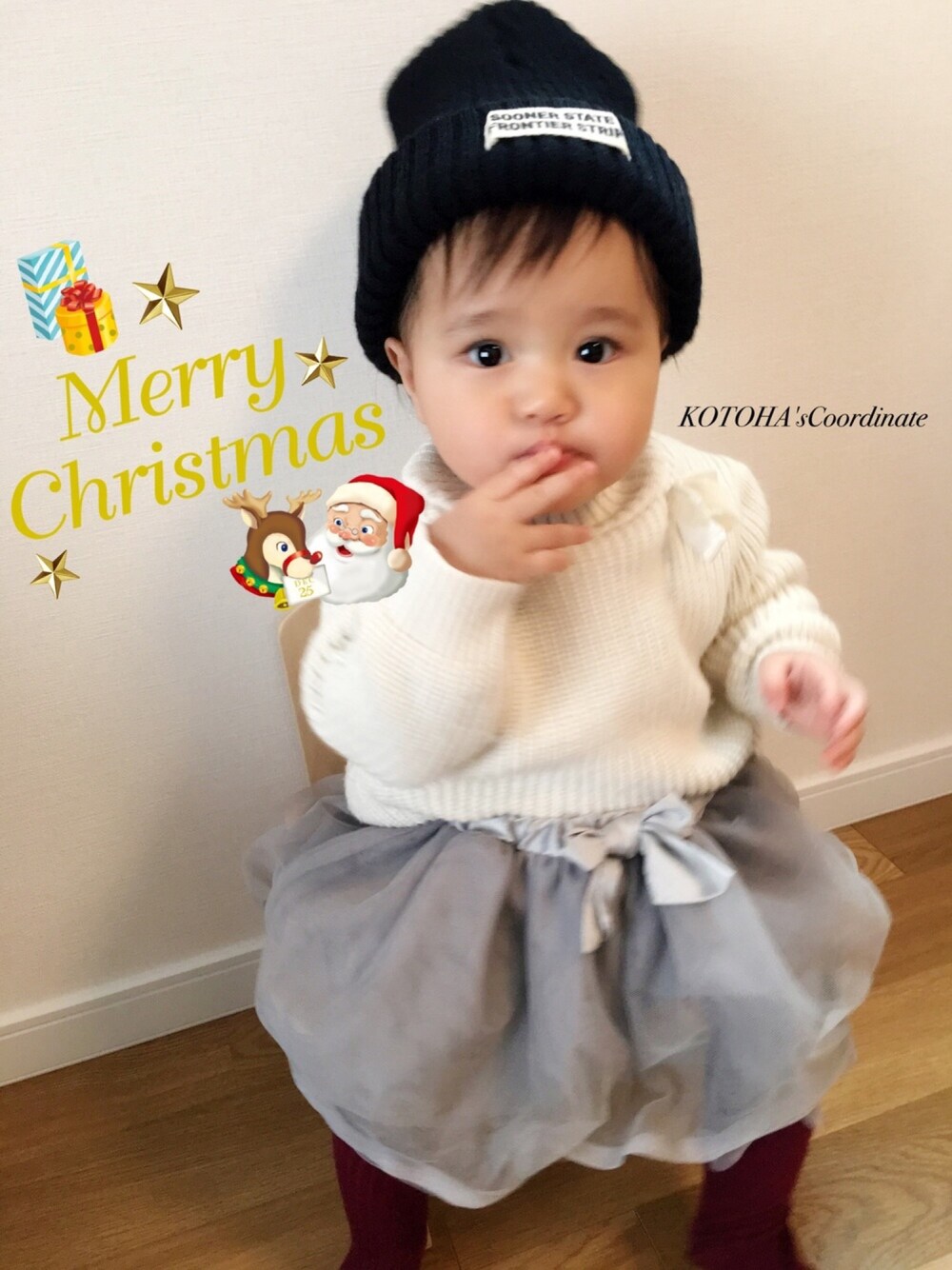 「キッズ、キッズコーデ、キッズファッション、1歳1ヶ月、1歳、プティマイン、ニット帽」｜「petit mainのリボン付きニット（ニット/セーター、ホワイト系）」を使った、こちゃ♡さん（キッズ・70cm）の冬コーディネートの1枚目の写真
