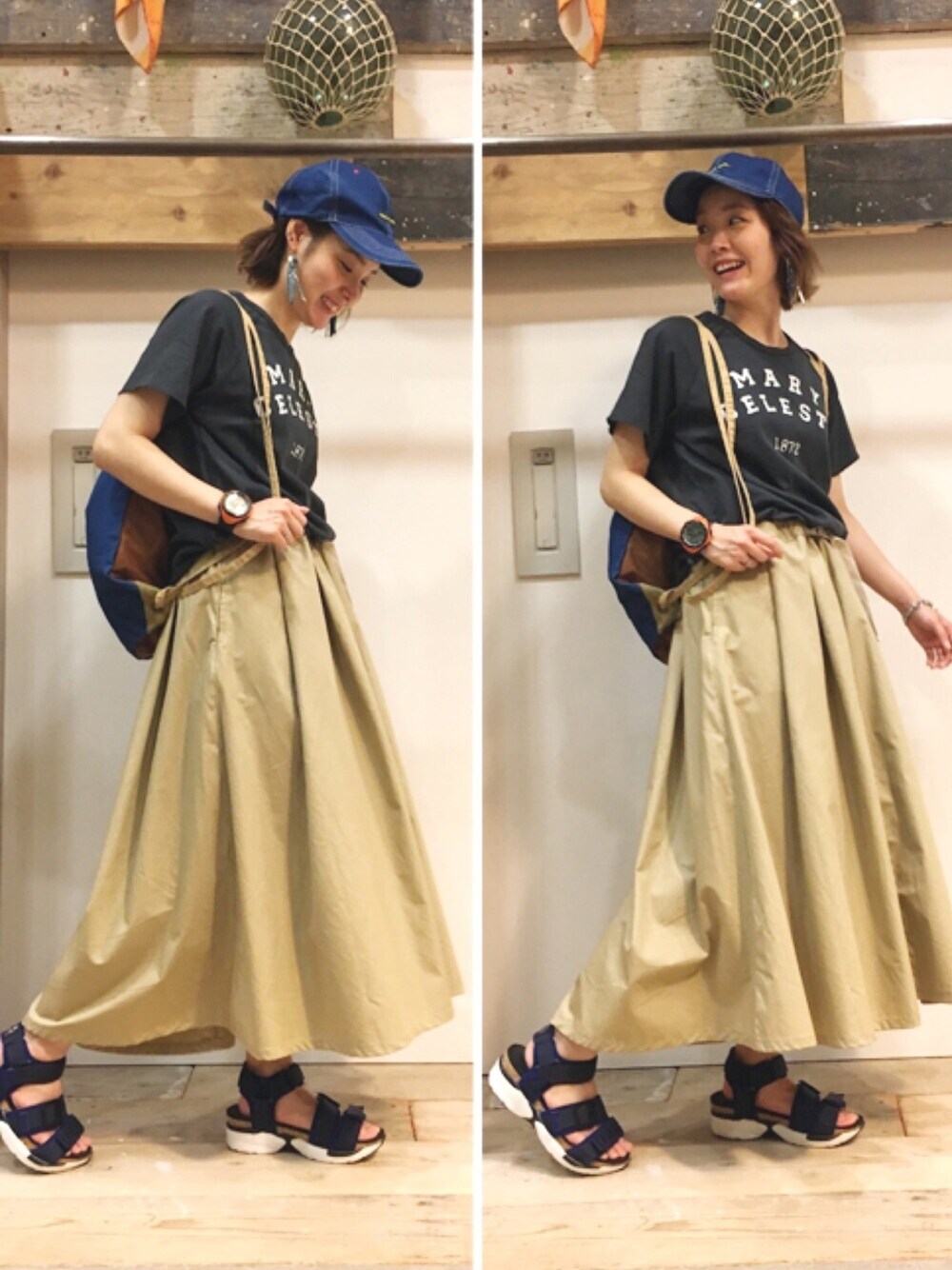 「スカート、カジュアル、リュック、夏、キャップ、Tシャツ、サンダル、カジュアルコーデ、スポーツサンダル」｜「GREEN BOWLの Baseball Cap/ベースボールキャップ（キャップ、ブルー系）」を使った、doco.さん（レディース・163cm）の夏コーディネートの1枚目の写真