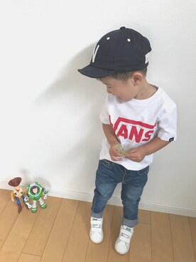 「アイテム（バックパック/リュック、ブルー系）」を使った、yuukenさん（キッズ・90cm）の夏コーディネート