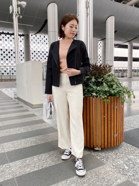 「ブルゾン」｜「アイテム（ノーカラーコート）」を使った、INDIVI(SHOP STAFF)さん（レディース・164cm）の冬コーディネート