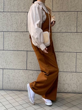 「コラボ」｜「アイテム（サロペット/オーバーオール）」を使った、ななさん（レディース・163cm）の春コーディネート