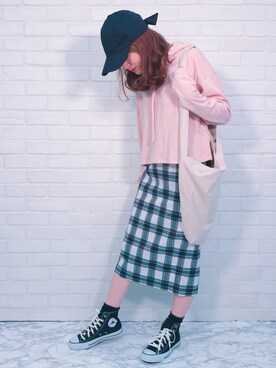 「GU（ジーユー）のアイテム（キャップ、ブラック系）」を使った、mayu.cchanさん（レディース・157cm）の春コーディネート
