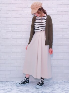 「GU（ジーユー）のアイテム（キャスケット、ベージュ系）」を使った、mayu.cchanさん（レディース・157cm）の春コーディネート