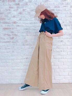 「E hyphen world gallery（イーハイフンワールドギャラリー）のアイテム（キャップ、ベージュ系）」を使った、mayu.cchanさん（レディース・157cm）の春コーディネート