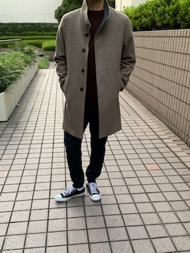 「メルトン」｜「アイテム（ステンカラーコート）」を使った、ABAHOUSE ONLINE MENSさん（メンズ・177cm）の秋コーディネート