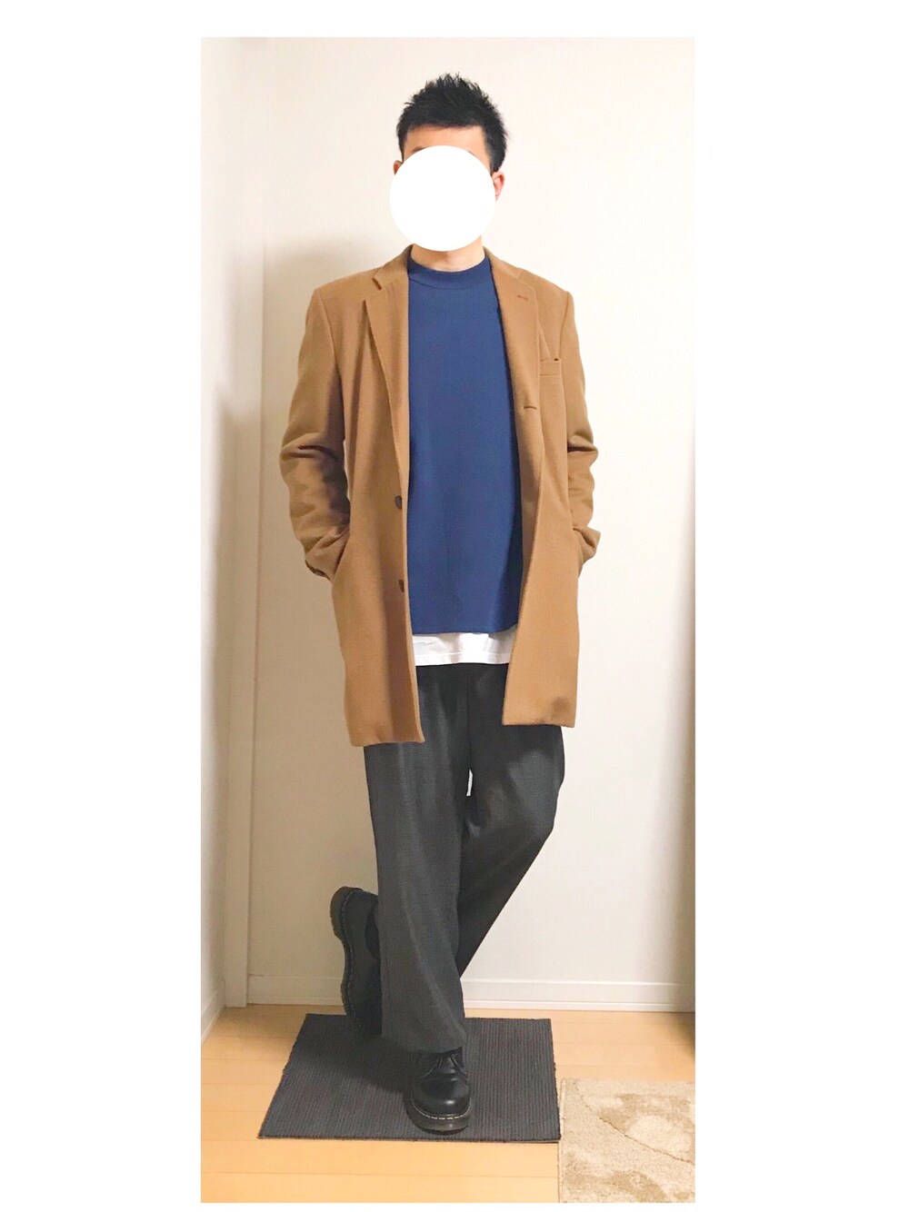 「休日スタイル、冬コーデ、グレンチェック、ootd、LIDnM、HARE、Dr.Martens」｜「TRANS CONTINENTSの3釦段返り　チェスターコート（チェスターコート、ベージュ系）」を使った、hiro_wearさん（メンズ・178cm）の冬コーディネートの1枚目の写真