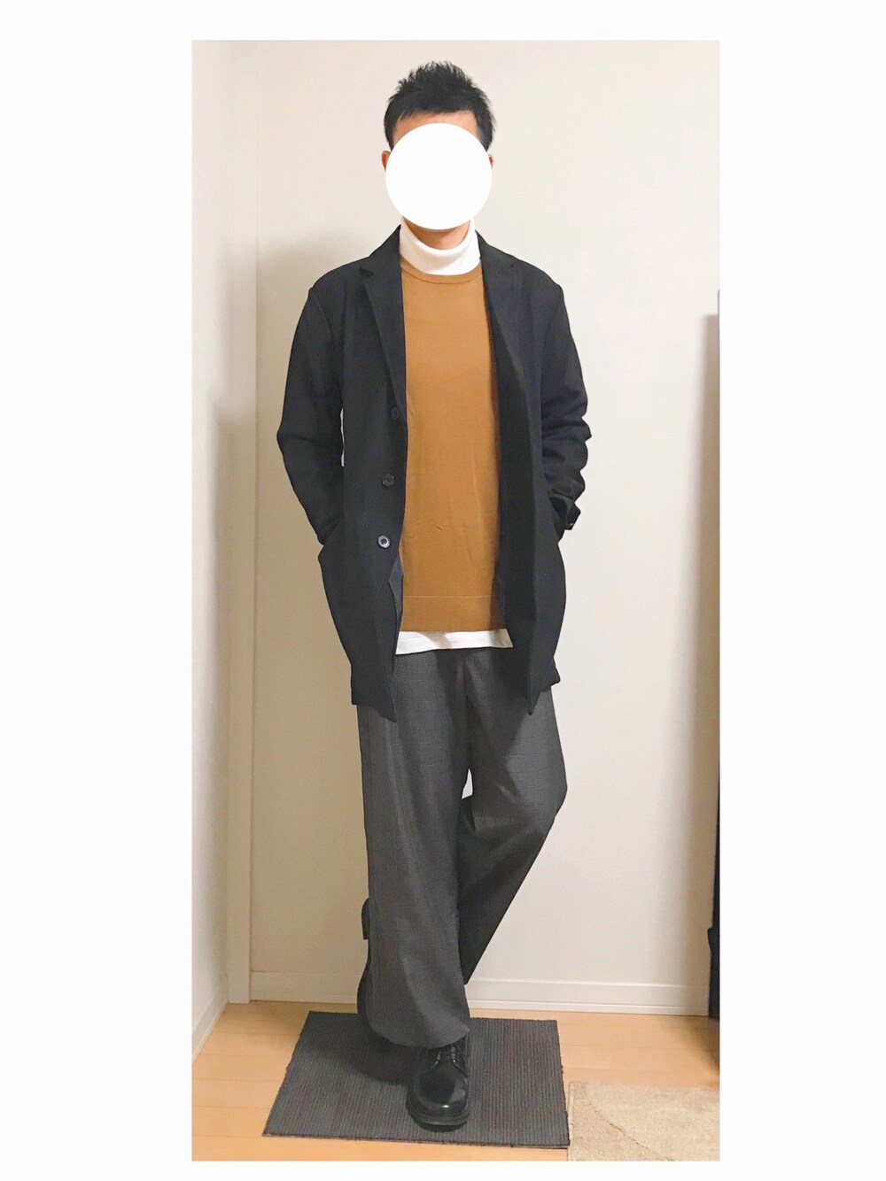 「おしゃれさんと繋がりたい、シンプルコーデ、ワイドパンツ」｜「OAKLANDのウールメルトンチェスターコート/ウールブレンド（チェスターコート、ブラック系）」を使った、hiro_wearさん（メンズ・178cm）の冬コーディネートの1枚目の写真