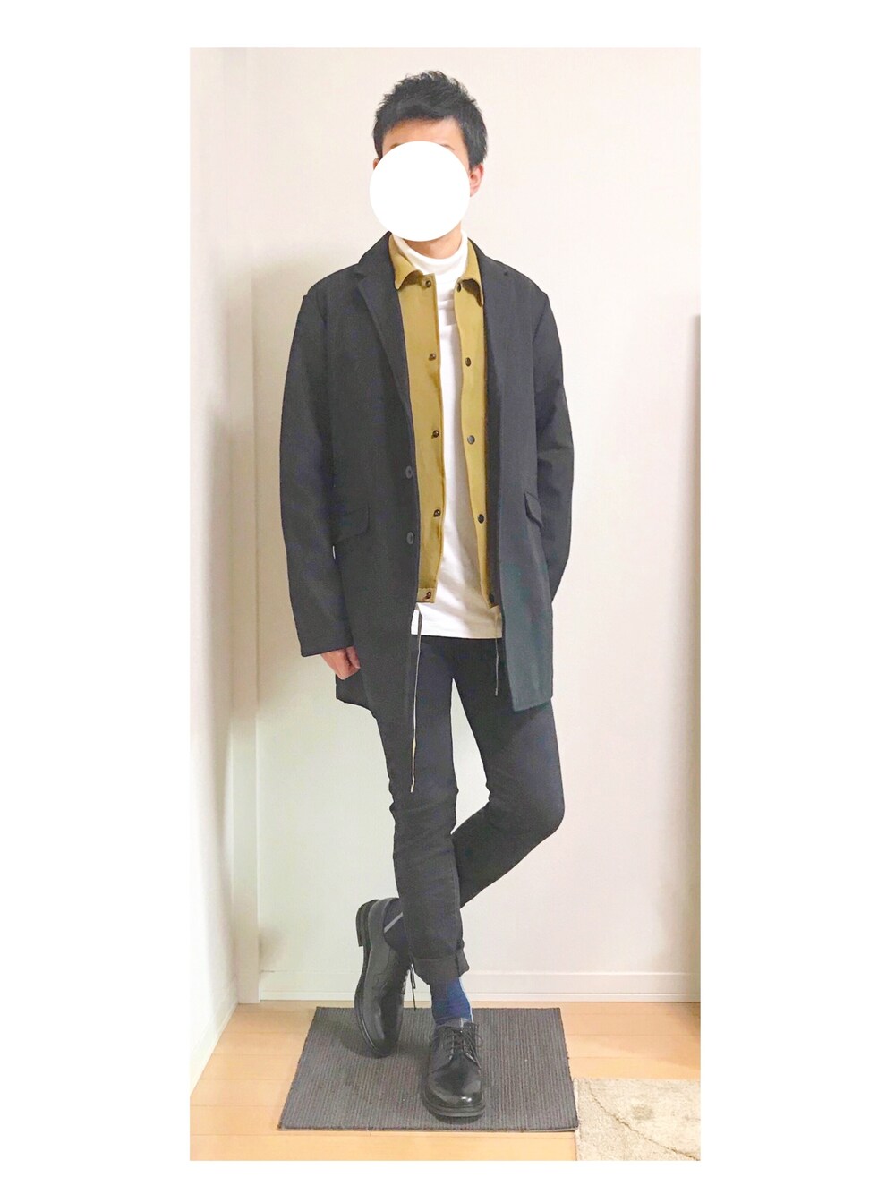 「ootd、LIDnM、URBAN RESEARCH、oakland、チェスターコート、コーチジャケット、黒スキニー、アウターONアウター」｜「OAKLANDのウールメルトンチェスターコート/ウールブレンド（チェスターコート、ブラック系）」を使った、hiro_wearさん（メンズ・178cm）の冬コーディネートの1枚目の写真