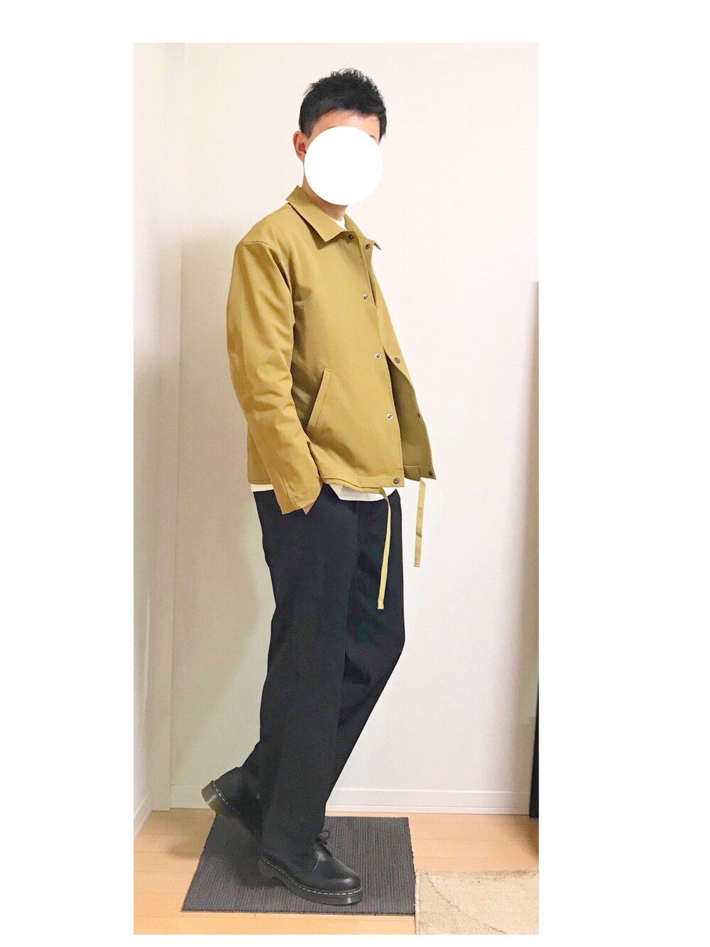 「ootd、LIDnM、RAGEBLUE、Dr.Martens、コーチジャケット、ワイドパンツ、春コーデ、休日スタイル、おしゃれさんと繋がりたい」｜「LIDNMのPEツイルコーチジャケット（ブルゾン、グリーン系）」を使った、hiro_wearさん（メンズ・178cm）の春コーディネートの1枚目の写真