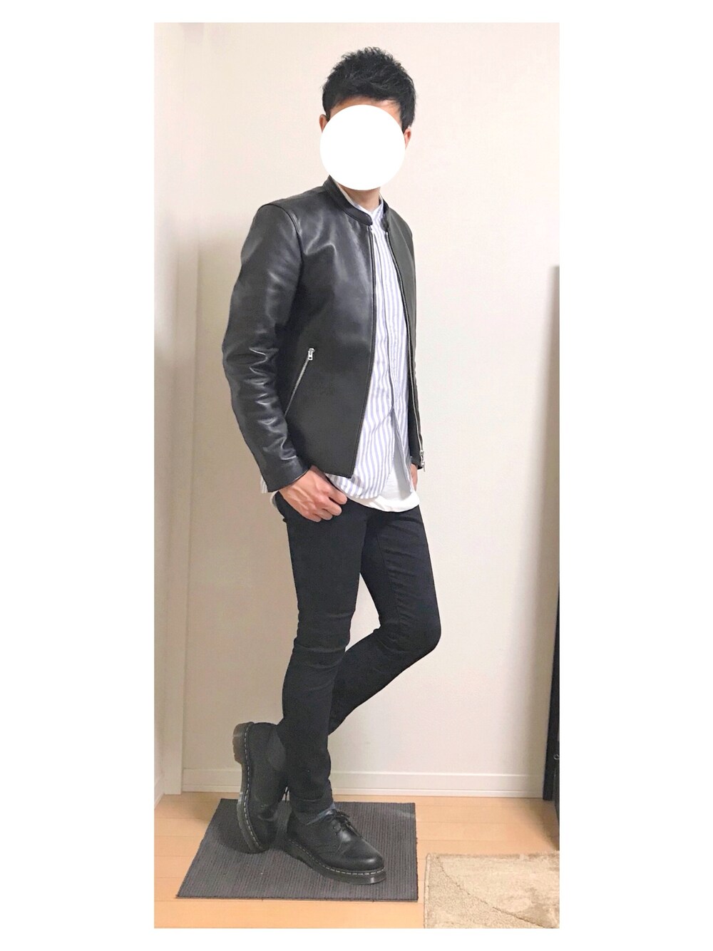 「春コーデ、ootd、ライダース、黒スキニー、LIDnM、URBAN RESEARCH DOORS、NUMBER (N)INE、Dr.Martens」｜「LIDNMのLIDnM/リドム/ラムレザーシングルライダース（ライダースジャケット、ブラック系）」を使った、hiro_wearさん（メンズ・178cm）の春コーディネートの1枚目の写真